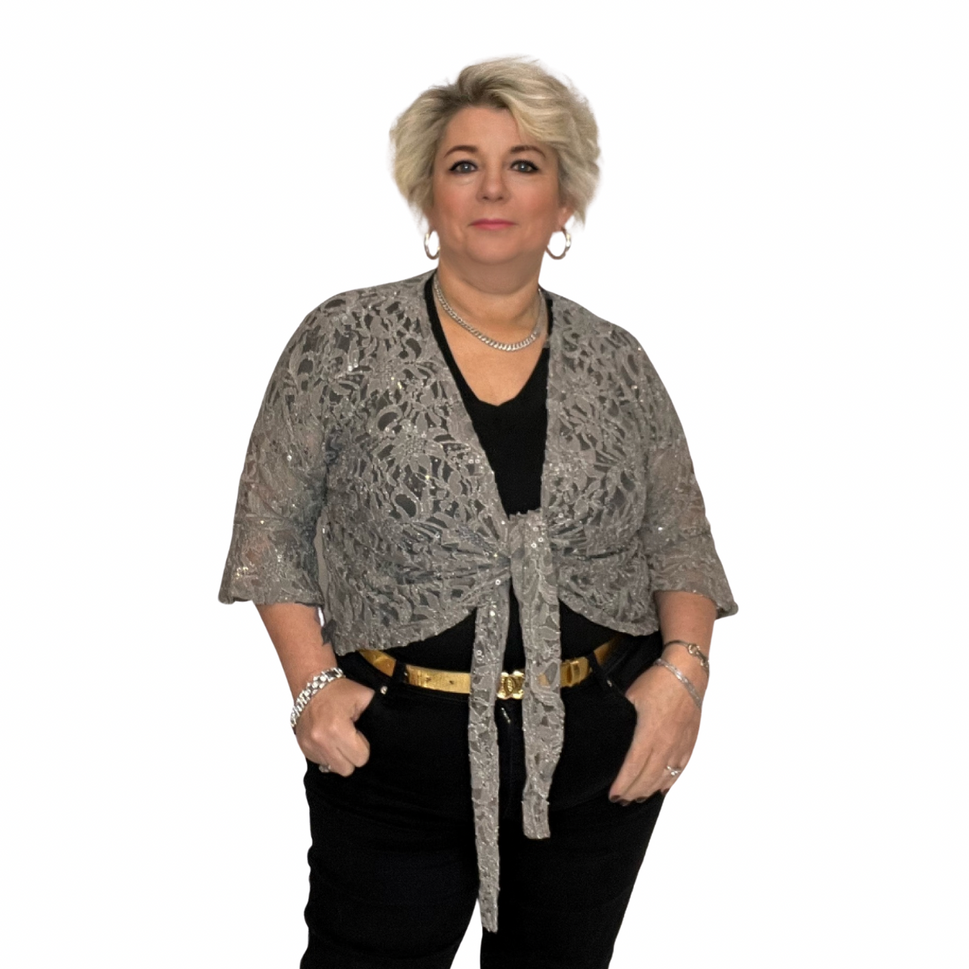 ROCKTHOSECURVES SEQUIN LACE 1/2 BELL SLEEVE TIE FRONT SHRUG / BOLERO JACKETGREY / UK 12-14