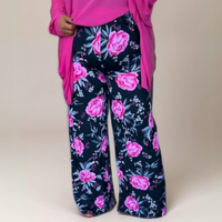 ROCKTHOSECURVES BLACK PINK ROSES ELASTIC WAIST PALAZZO TROUSERS