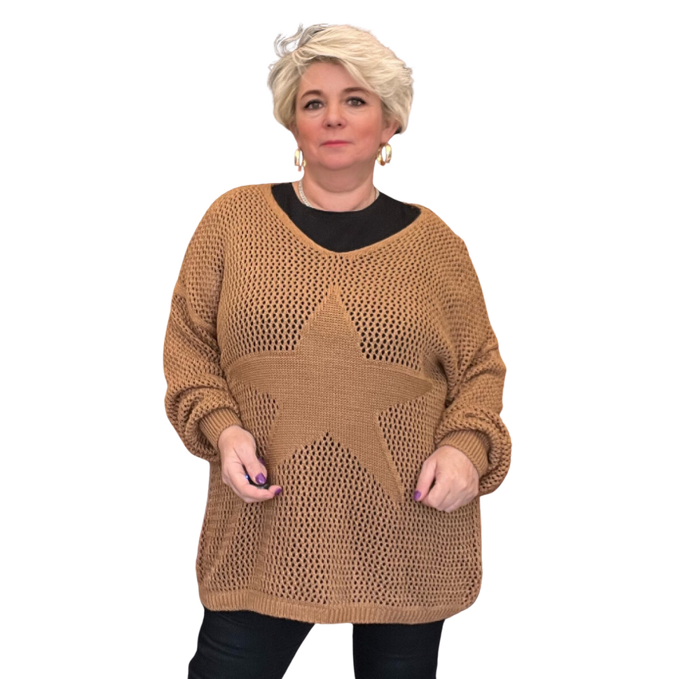 CROCHETED KNITTED V NECK STAR FRONT LONG SLEEVE JUMPERBrown / UK 16-18