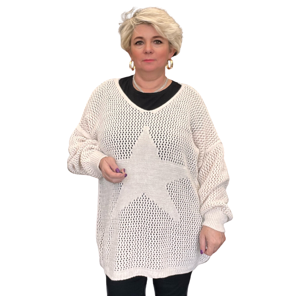 CROCHETED KNITTED V NECK STAR FRONT LONG SLEEVE JUMPERStone / UK 16-18