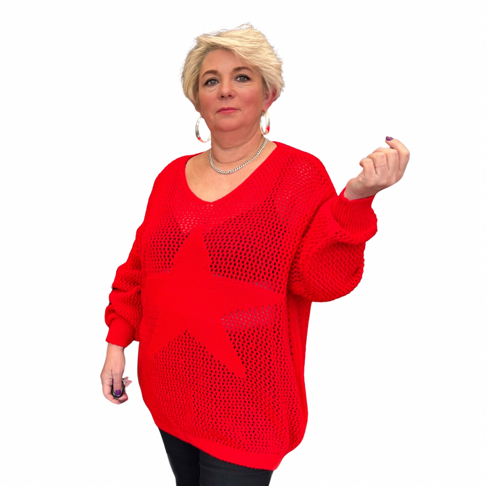 CROCHETED KNITTED V NECK STAR FRONT LONG SLEEVE JUMPERRed / UK 16-18