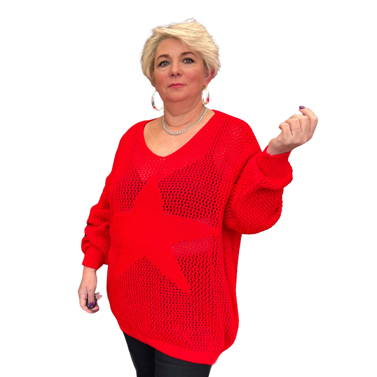 CROCHETED KNITTED V NECK STAR FRONT LONG SLEEVE JUMPER