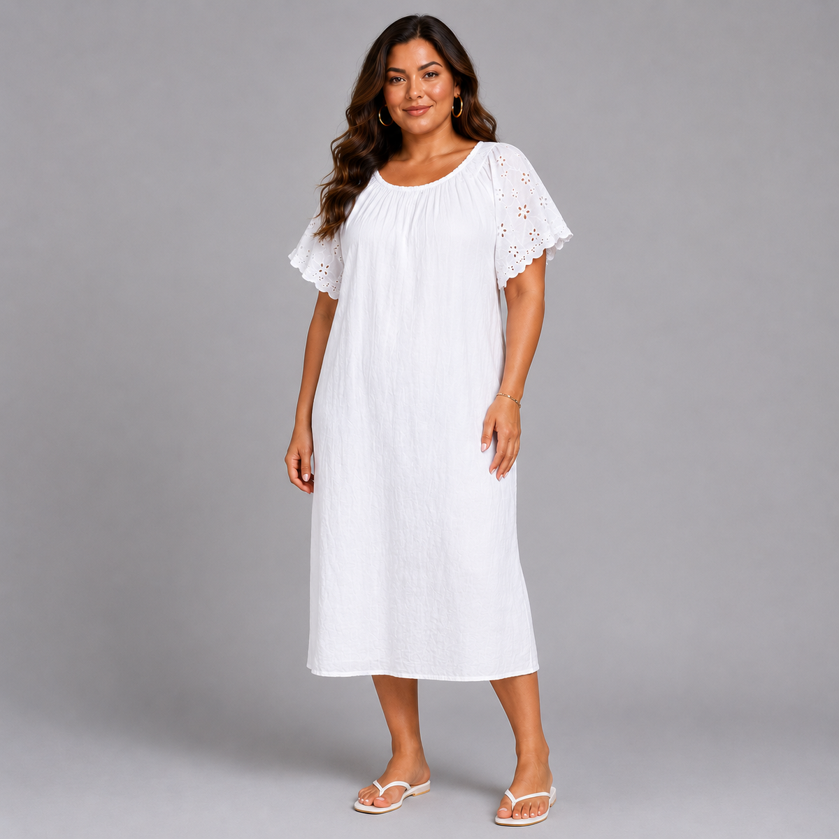 Cotton Midi Dress with Lace Sleeves