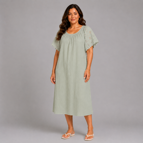 Cotton Midi Dress with Lace Sleeves