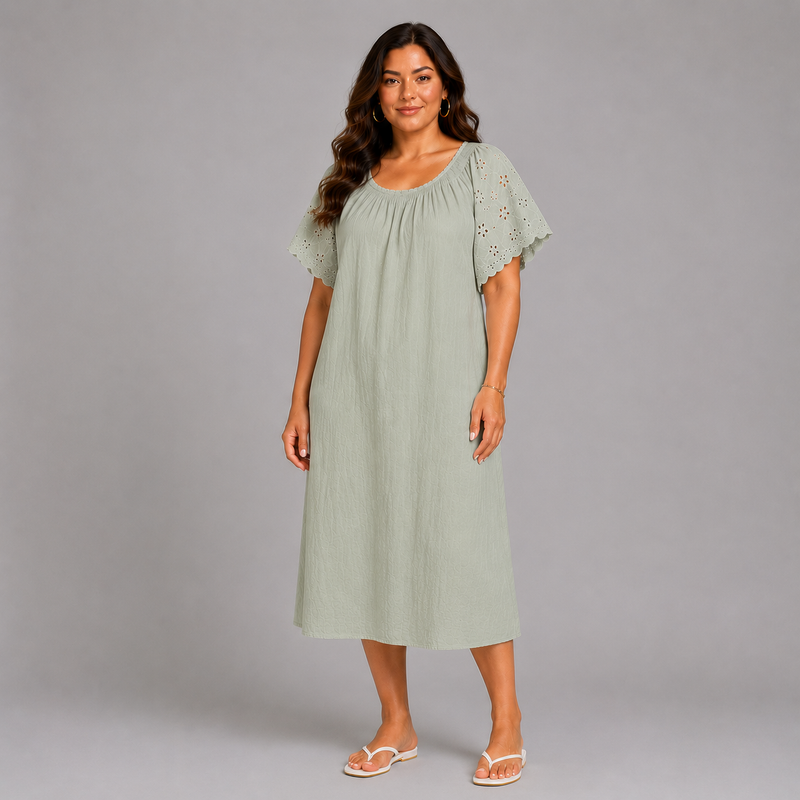 Cotton Midi Dress with Lace Sleeves