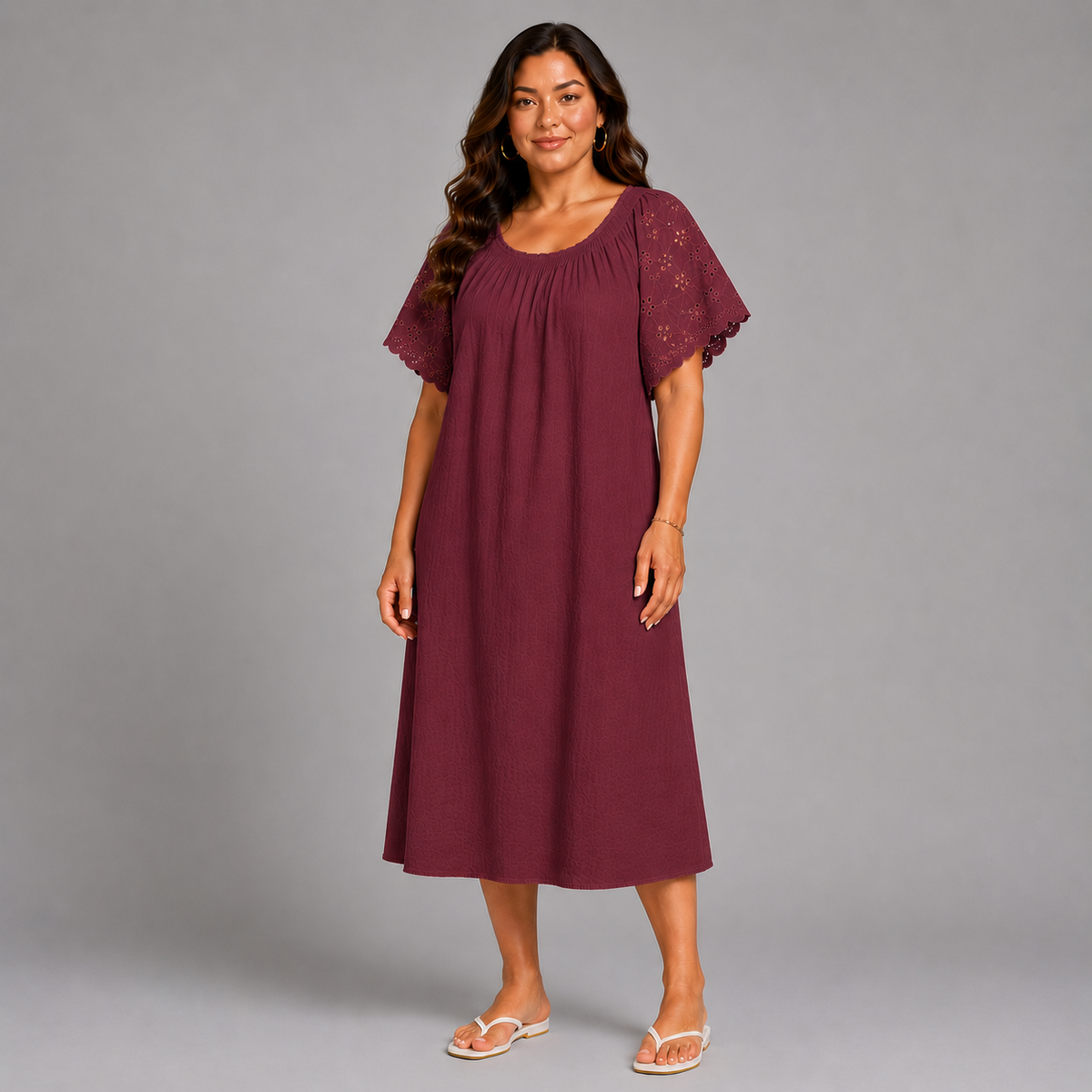 Cotton Midi Dress with Lace Sleeves