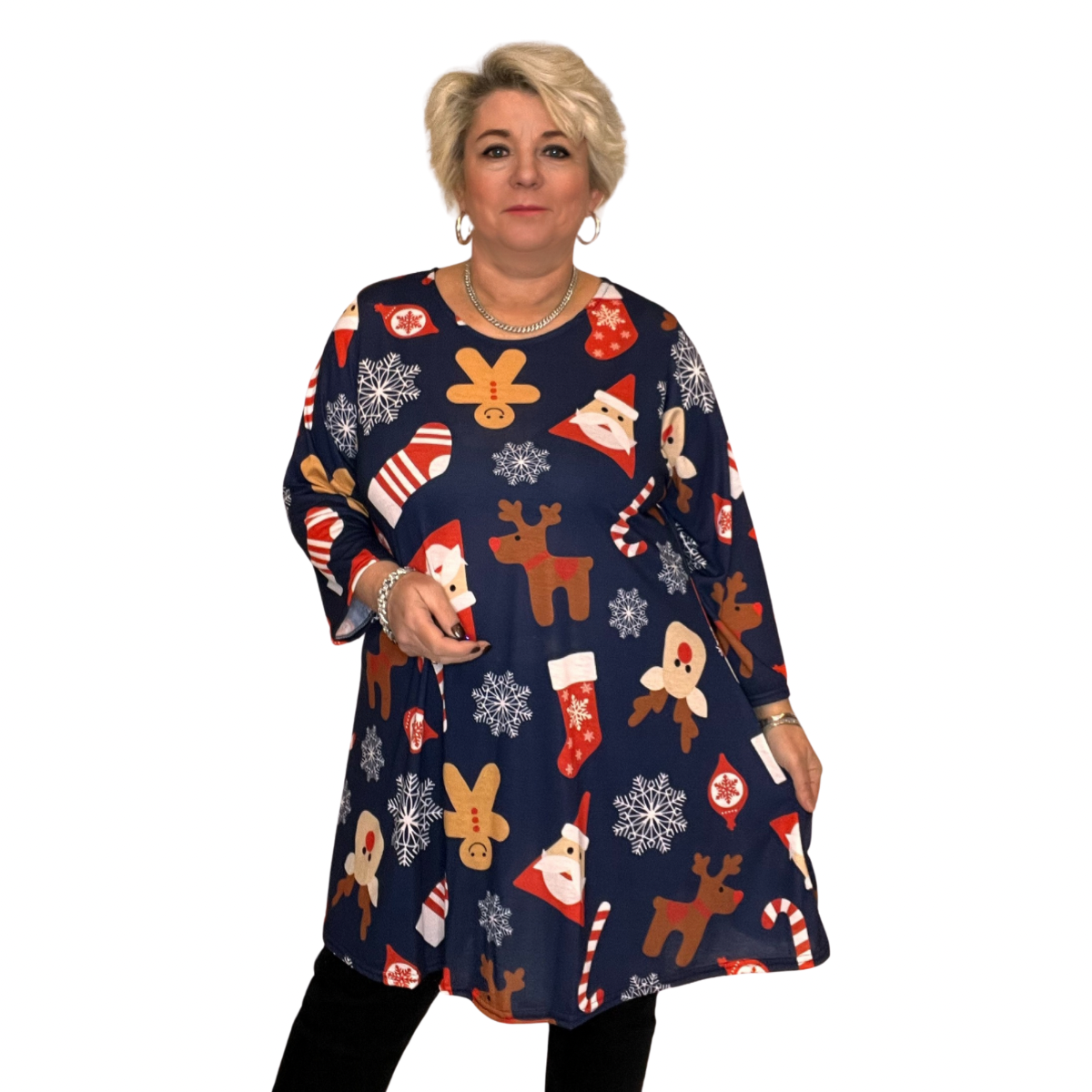 CHRISTMAS PRINT LONG SLEEVE A-LINE SWING TOP