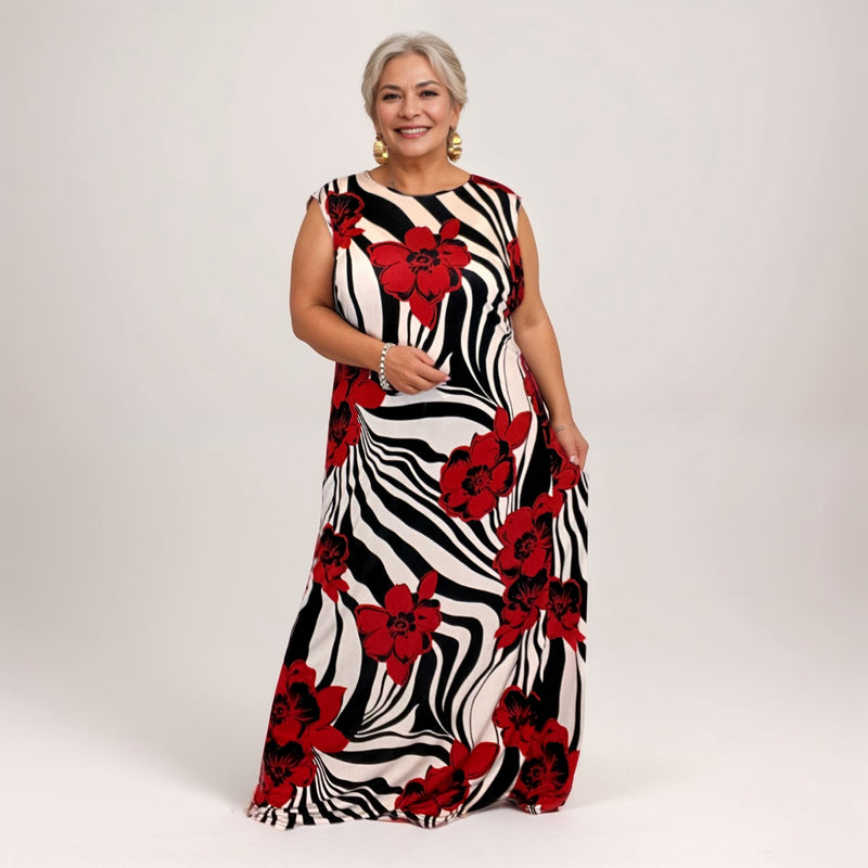 ROCKTHOSECURVES RED WHITE BLACK SWIRL SLEEVELESS MAXI DRESS