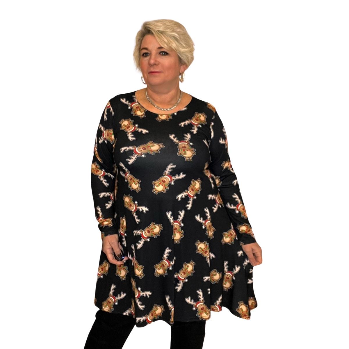 CHRISTMAS PRINT LONG SLEEVE A-LINE SWING TOP