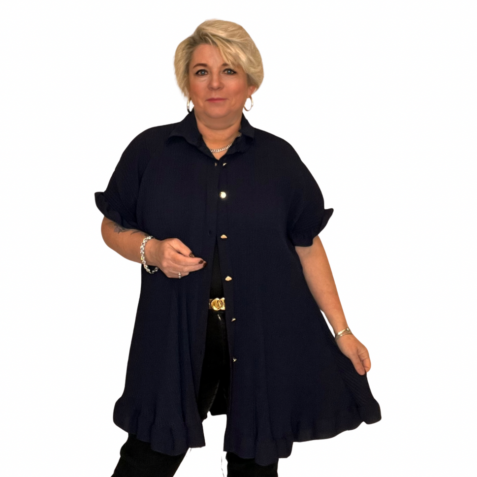 FRILLED EDGE SHORT SLEEVE BLOUSE / SHIRTNavy / UK 16-18