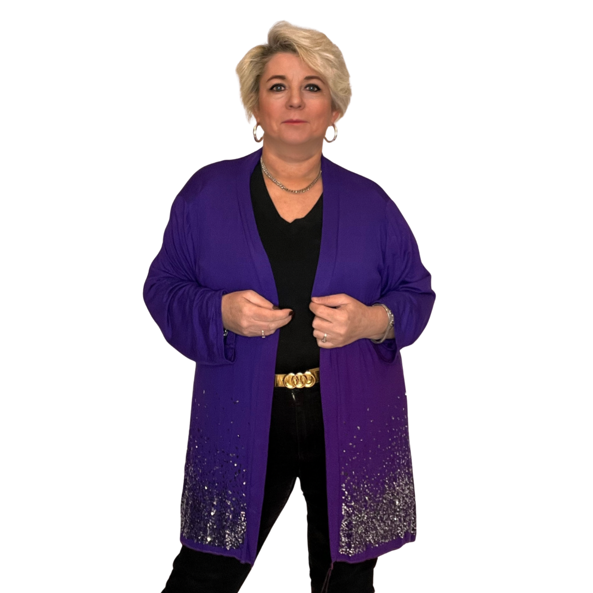 ROCKTHOSECURVES OPEN FRONT WATERFALL JACKET / CARDIGAN SEQUIN HEM