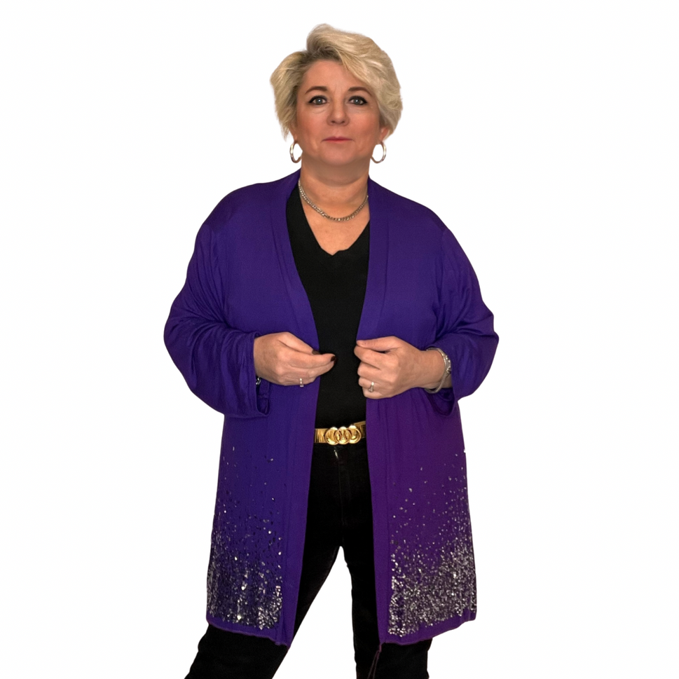 ROCKTHOSECURVES OPEN FRONT WATERFALL JACKET / CARDIGAN SEQUIN HEMPurple / UK 14