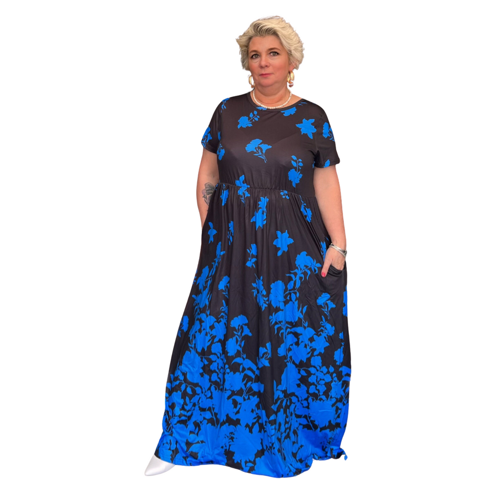 ROCKTHOSECURVES BLACK BRIGHT FLORAL PRINT SHORT SLEEVE MAXI DRESS WITH SIDE POCKETSBlack / Royal Blue / UK 12-14