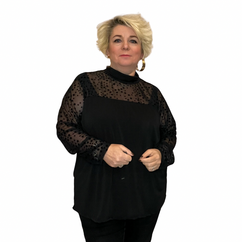 POLO NECK LONG SLEEVE TOP WITH NET SLEEVES + NECKBLACK STARS / UK 16-18