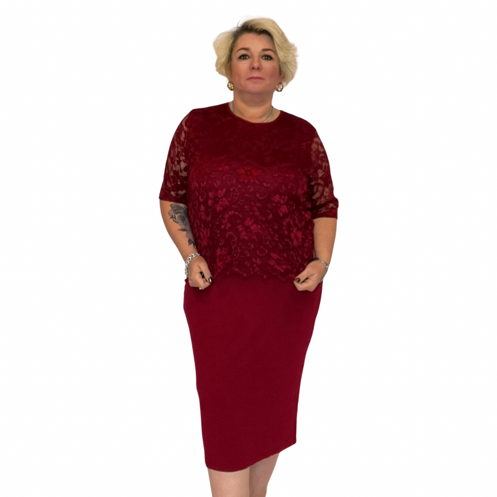 FITTED PARTY / EVENING DRESS WITH LACE OVERLAY TOPWine / UK 16-18