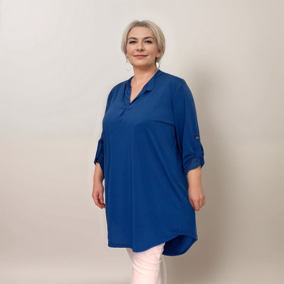 Plus‑Size V‑Neck Long Dipped Hem Top with Button SleevesROYAL BLUE / UK 16-18