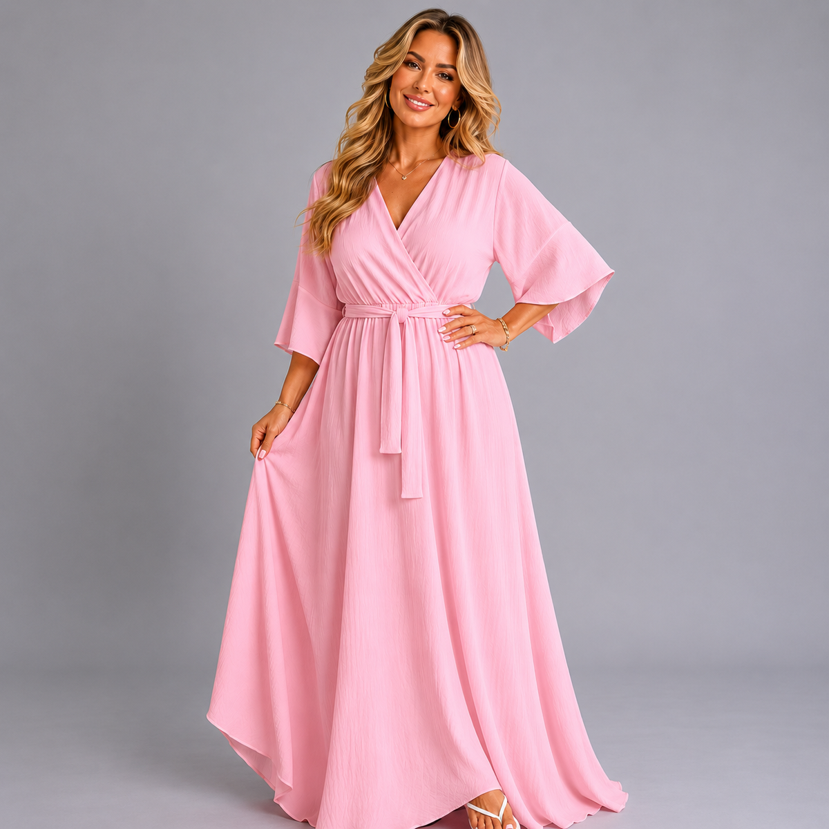 Plain mock wrap maxi dress with bell sleeves