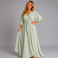 Plain mock wrap maxi dress with bell sleeves