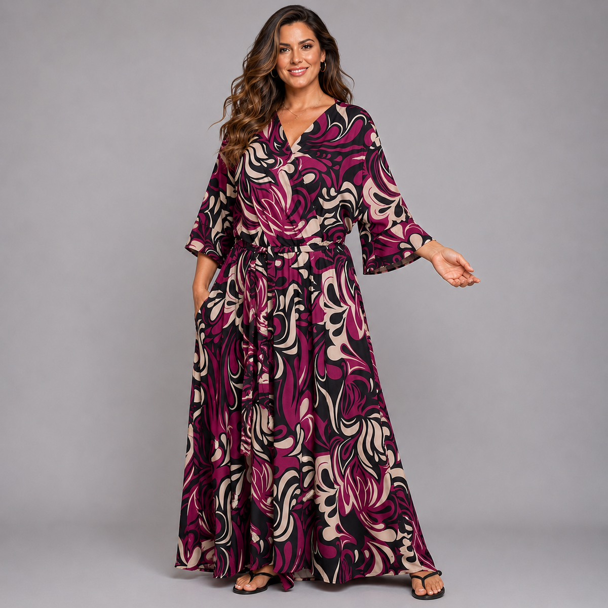 Abstract Mock Wrap Maxi Dress with Bell Sleeves