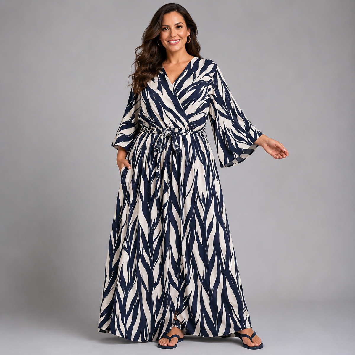Striped Mock Wrap Maxi Dress with Bell Sleeves