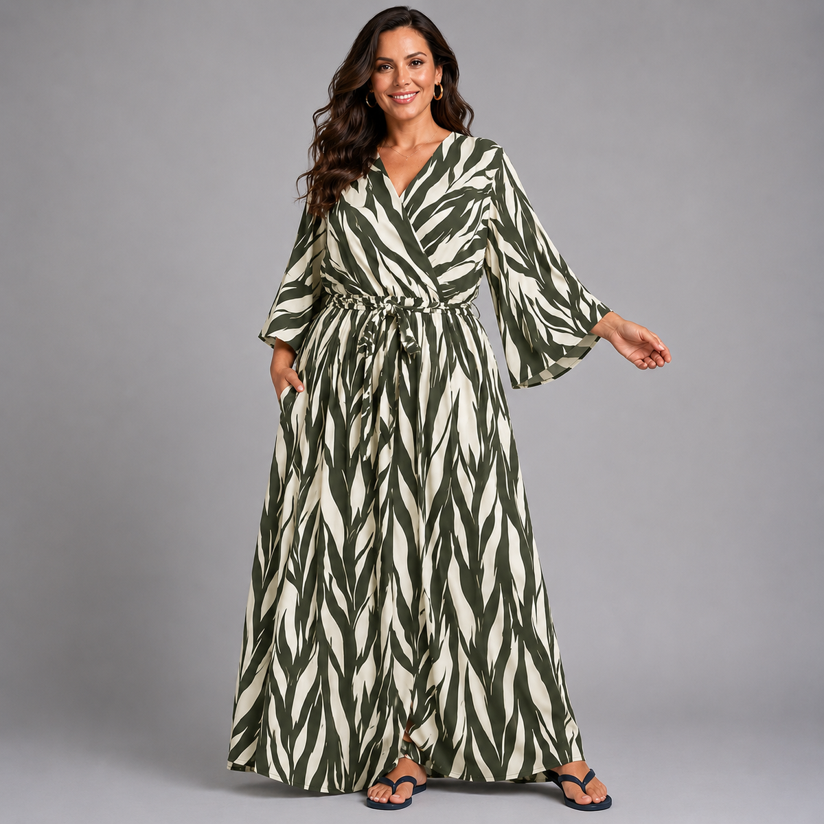 Striped Mock Wrap Maxi Dress with Bell Sleeves