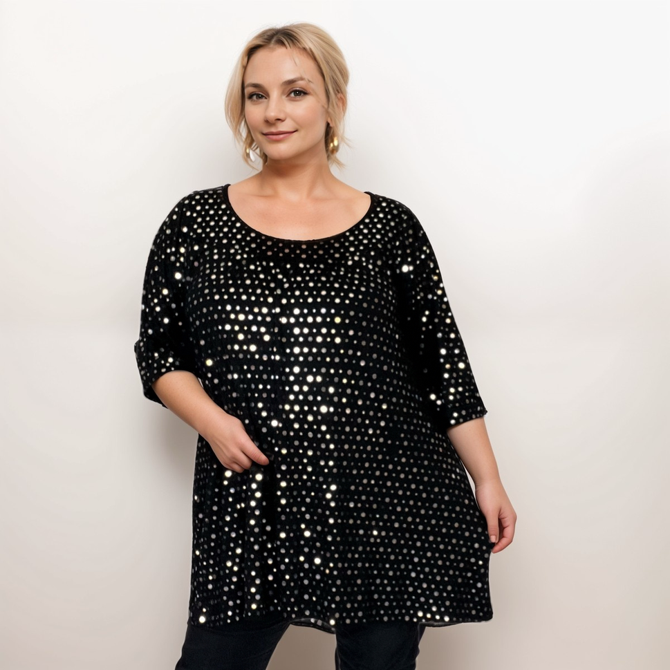 BLACK SEQUIN COVERED SHORT SLEEVE SMOCK TOPBLACK SILVER / UK 14