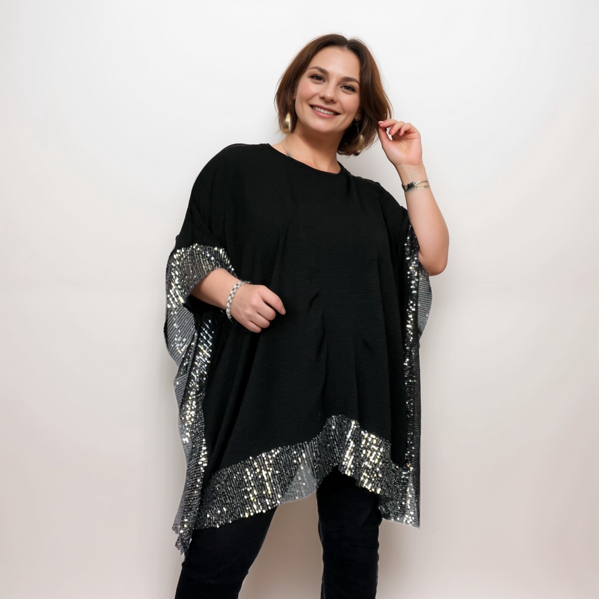 Oversized Sequin-Trim Kaftan Blouse