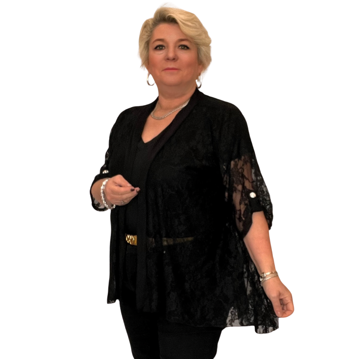 LACE JACKET WITH SATIN PANELS AND BUTTON 1/2 SLEEVES