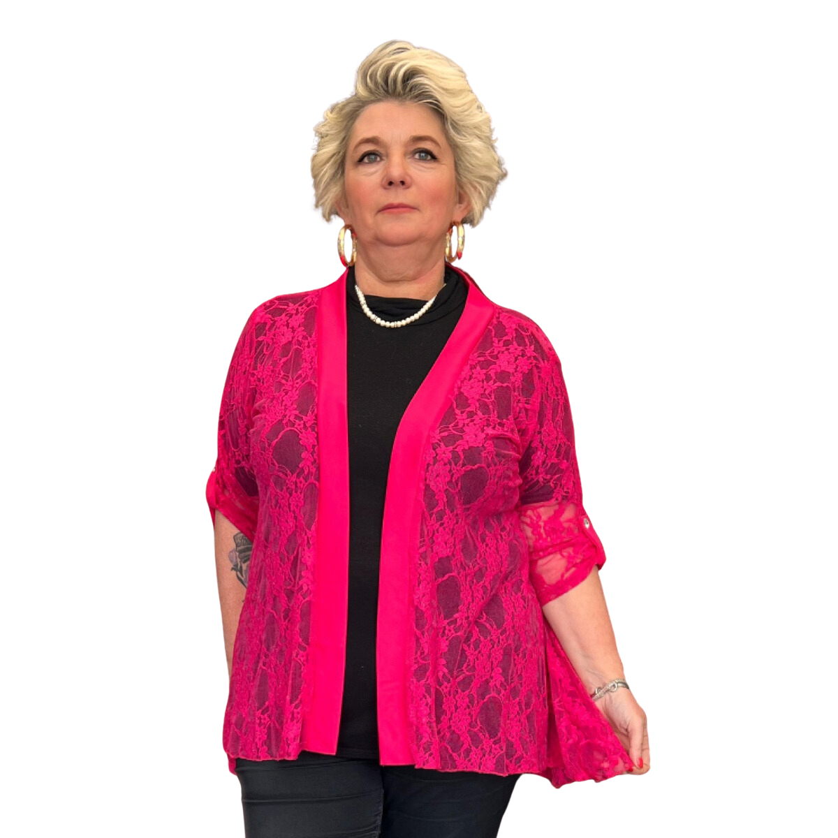 ROCKTHOSECURVES LACE JACKET WITH SATIN PANELS AND BUTTON 1/2 SLEEVES