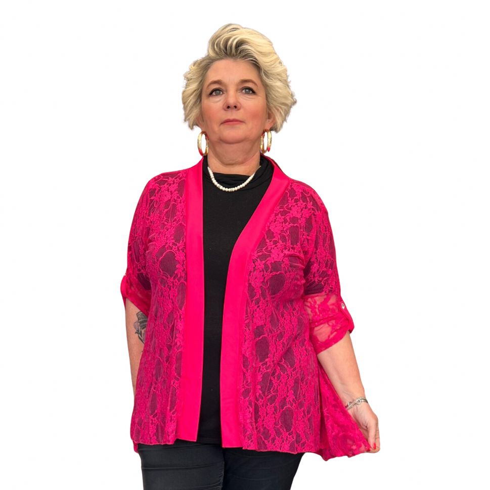 ROCKTHOSECURVES LACE JACKET WITH SATIN PANELS AND BUTTON 1/2 SLEEVESFuchsia / UK 14