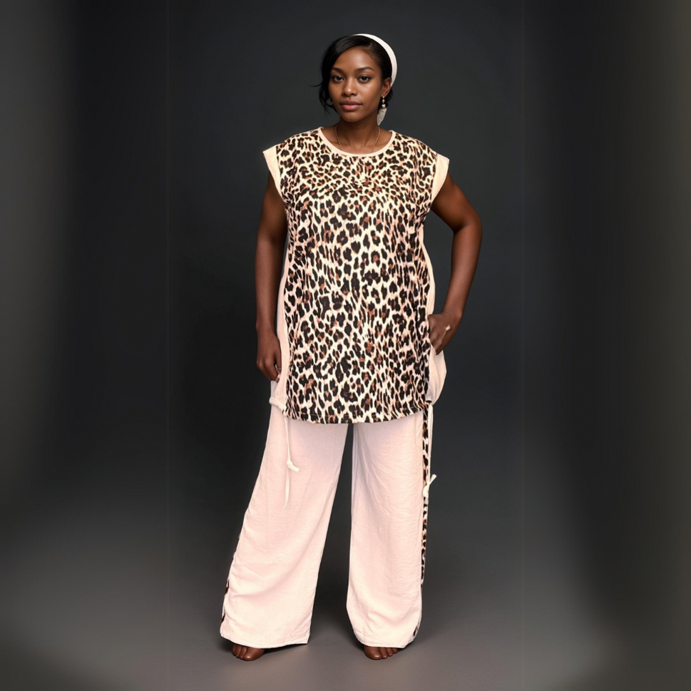 TWO PIECE LEOPARD PRINT TROUSERS SUITBEIGE BROWN / UK 14