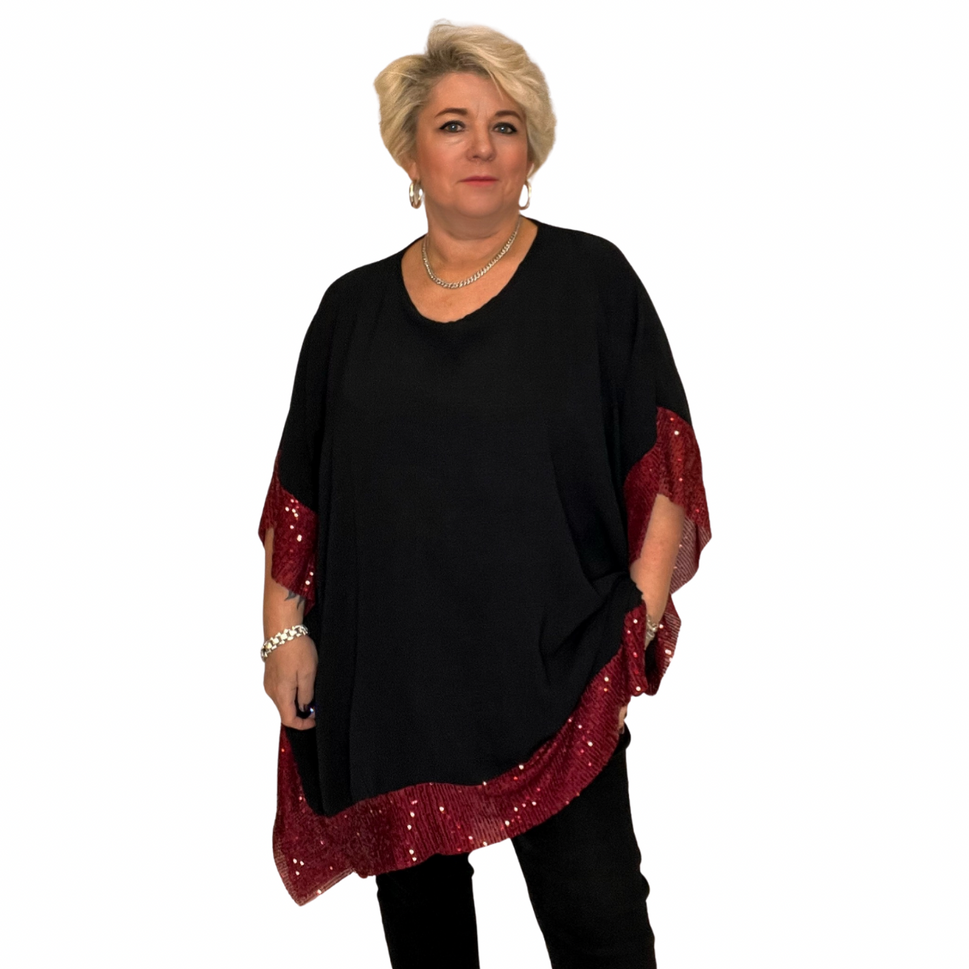 ROCKTHOSECURVES OVERSIZED KAFTAN BLOUSE SEQUIN EDGESBLACK / WINE / ONE SIZE