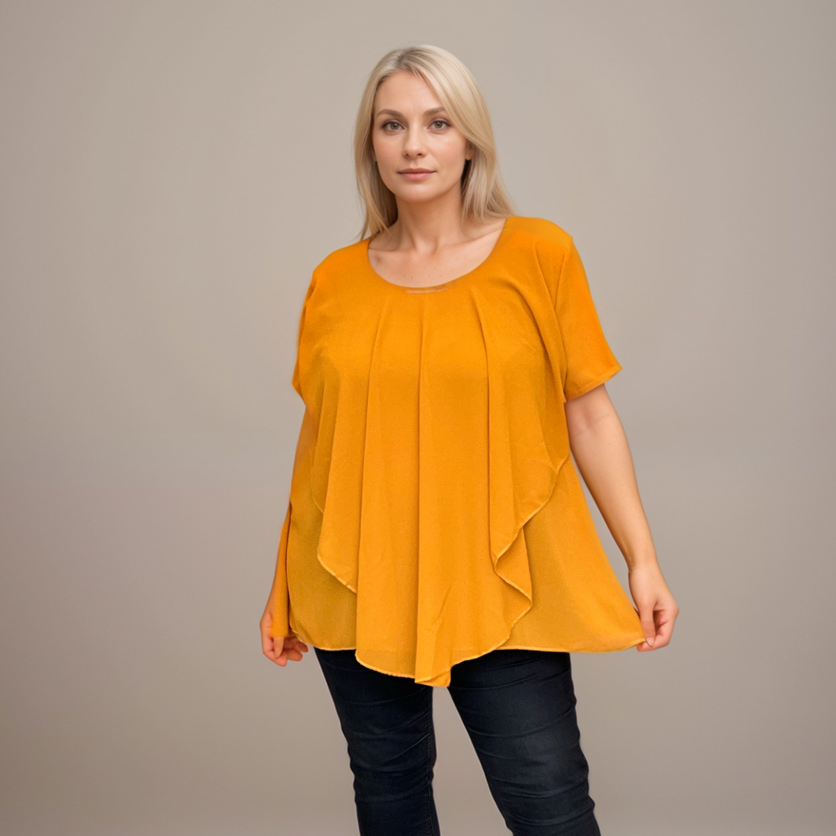 ROCKTHOSECURVES V HEM LAYERED SHORT SLEEVE BLOUSE