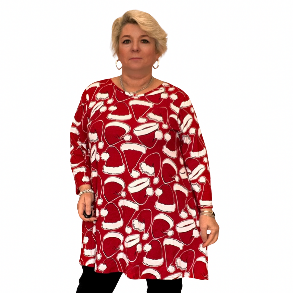 CHRISTMAS PRINT LONG SLEEVE A-LINE SWING TOPSANTA HATS RED / UK 16-18