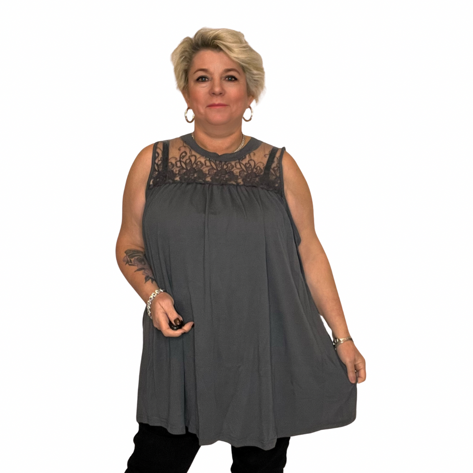 SLEEVELESS LOOSE FITTING TUNIC TOP WITH LACE NECKCharcoal / UK 12-14