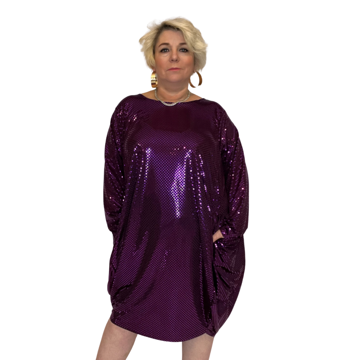 PURPLE SPARKLY SEQUIN LOOSE FITTED DIPPED HEM DRESS WITH POCKETS
