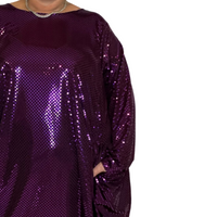 PURPLE SPARKLY SEQUIN LOOSE FITTED DIPPED HEM DRESS WITH POCKETS