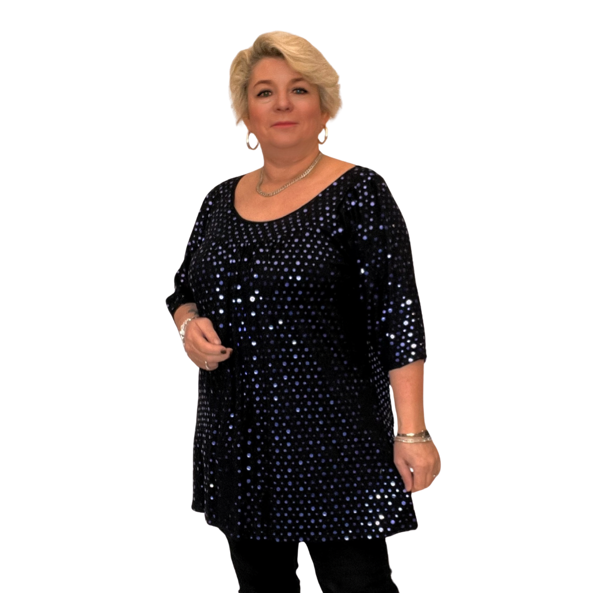 BLACK SEQUIN COVERED SHORT SLEEVE SMOCK TOP