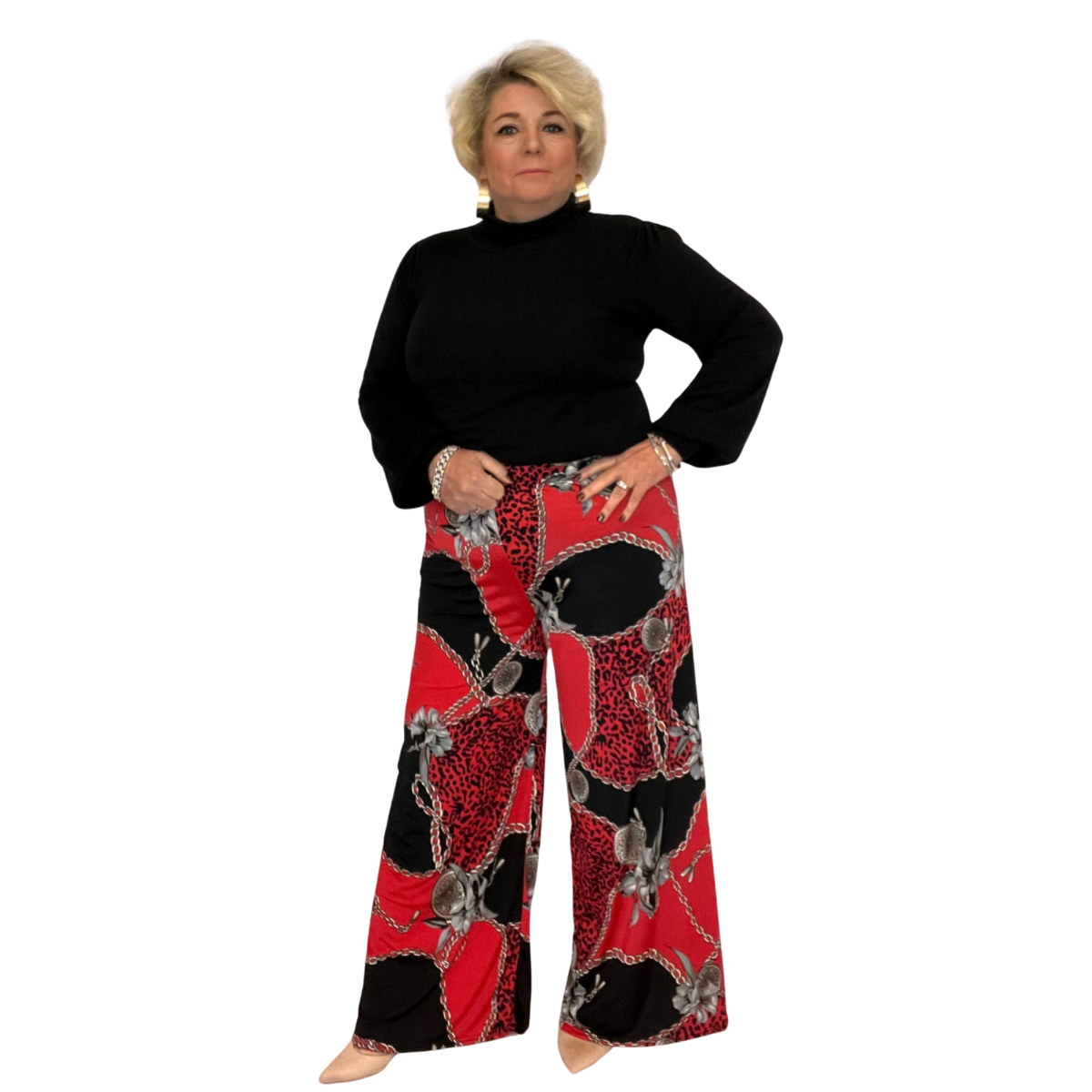 CHAIN PRINT WIDE LEG PALAZZO PANTS ELASTIC WAIST TROUSERS