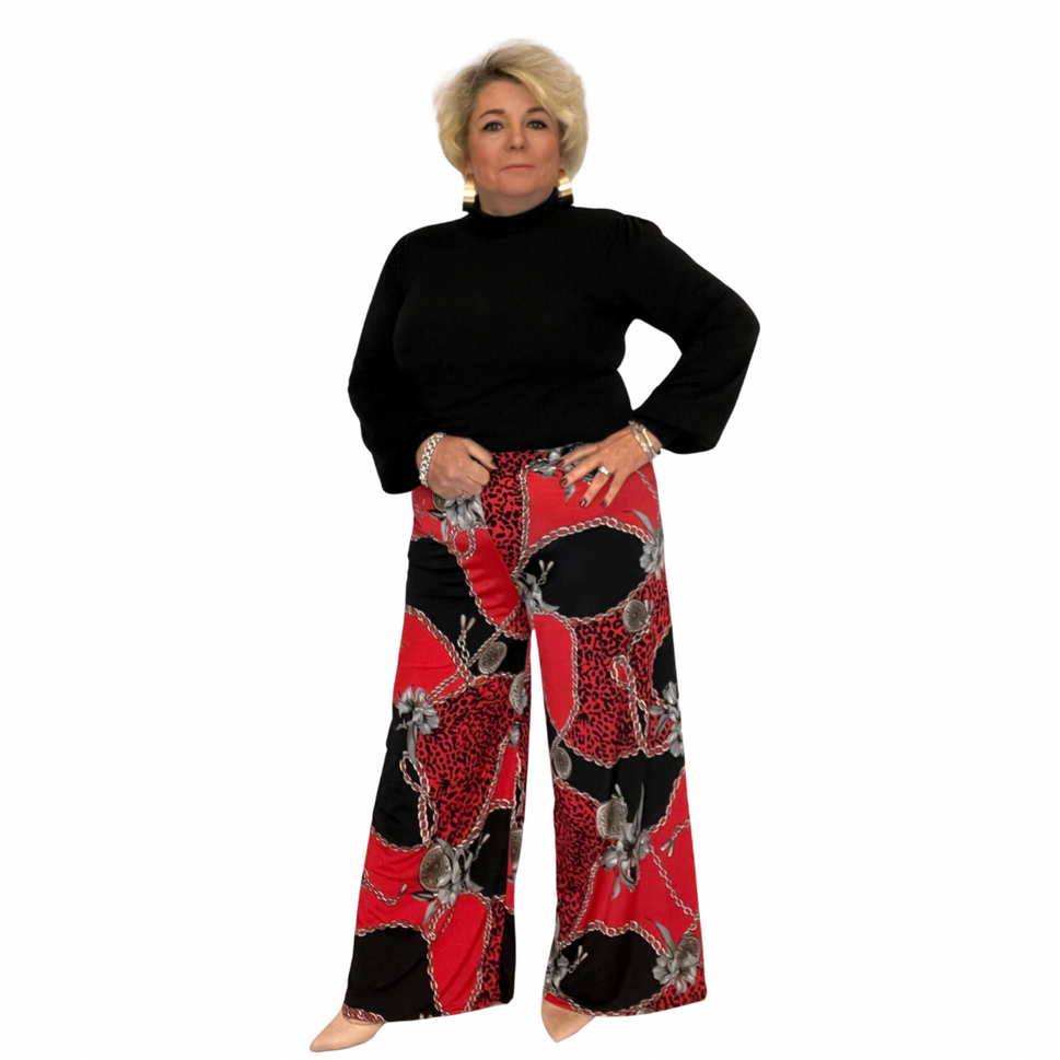 CHAIN PRINT WIDE LEG PALAZZO PANTS ELASTIC WAIST TROUSERSRed Black Chain / UK 20-22