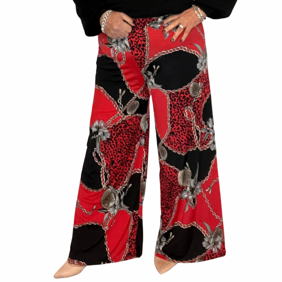 CHAIN PRINT WIDE LEG PALAZZO PANTS ELASTIC WAIST TROUSERS