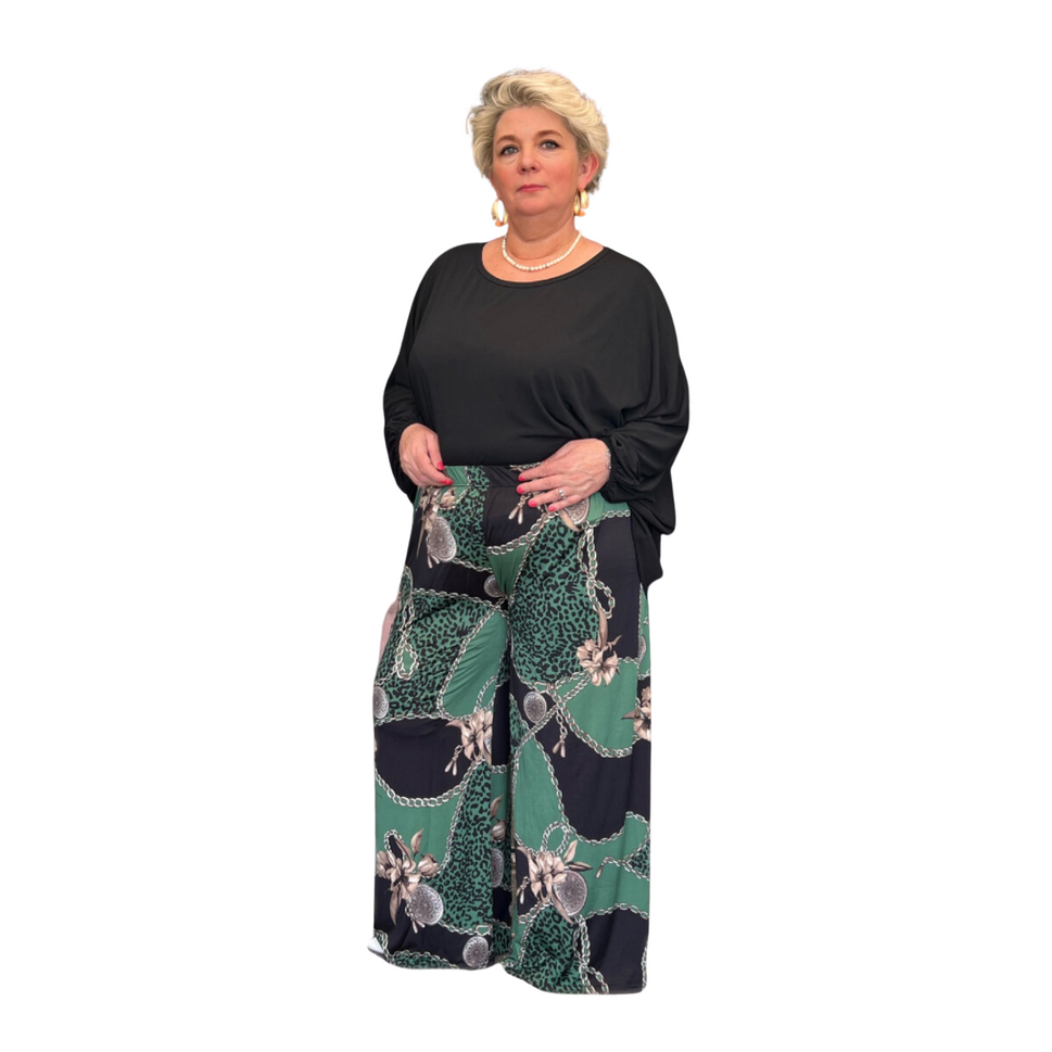 CHAIN PRINT WIDE LEG PALAZZO PANTS ELASTIC WAIST TROUSERSGreen Black Chain / UK 16-18