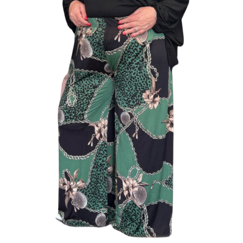 CHAIN PRINT WIDE LEG PALAZZO PANTS ELASTIC WAIST TROUSERS