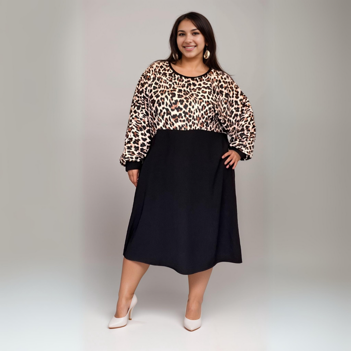 ROCKTHOSECURVES LEOPARD PRINT LONG SLEEVE SKATER DRESS