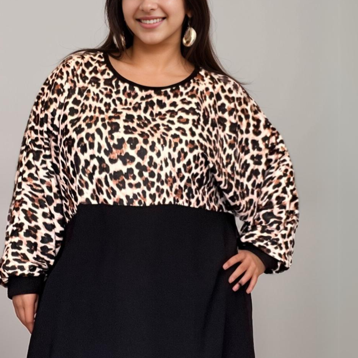 ROCKTHOSECURVES LEOPARD PRINT LONG SLEEVE SKATER DRESS