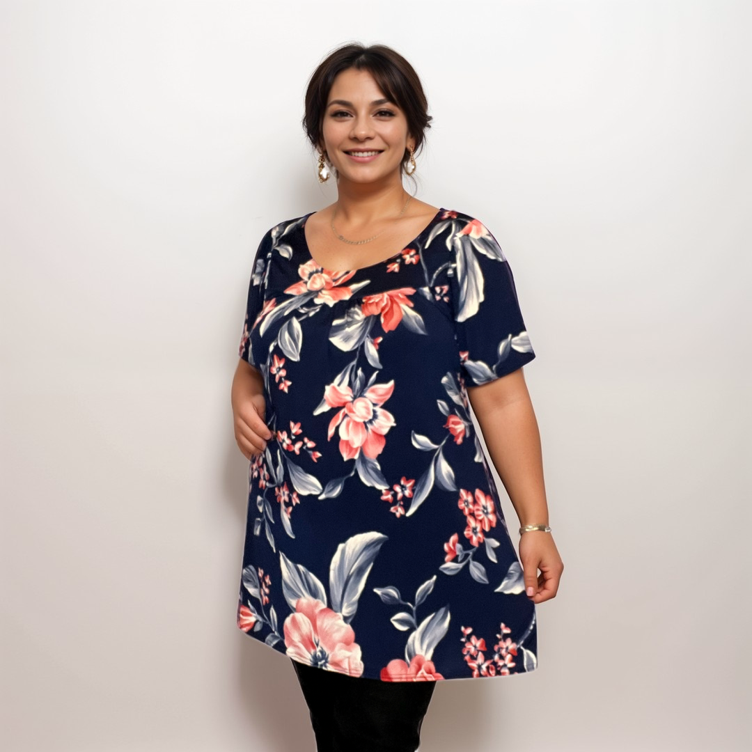 ROCKTHOSECURVES NAVY / RED FLORAL SHORT SLEEVE A-LINE SMOCK TOP