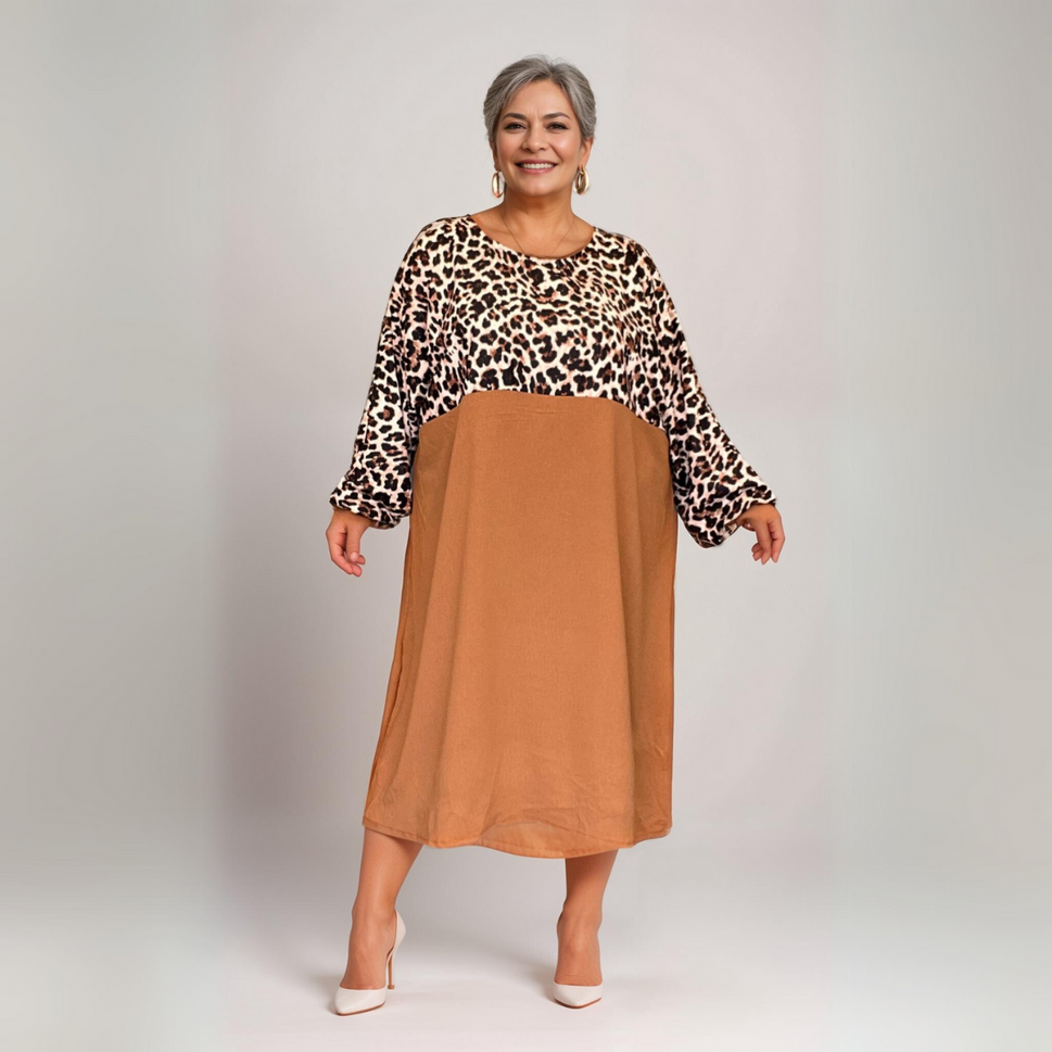 ROCKTHOSECURVES LEOPARD PRINT LONG SLEEVE SKATER DRESSBROWN / UK 20-22