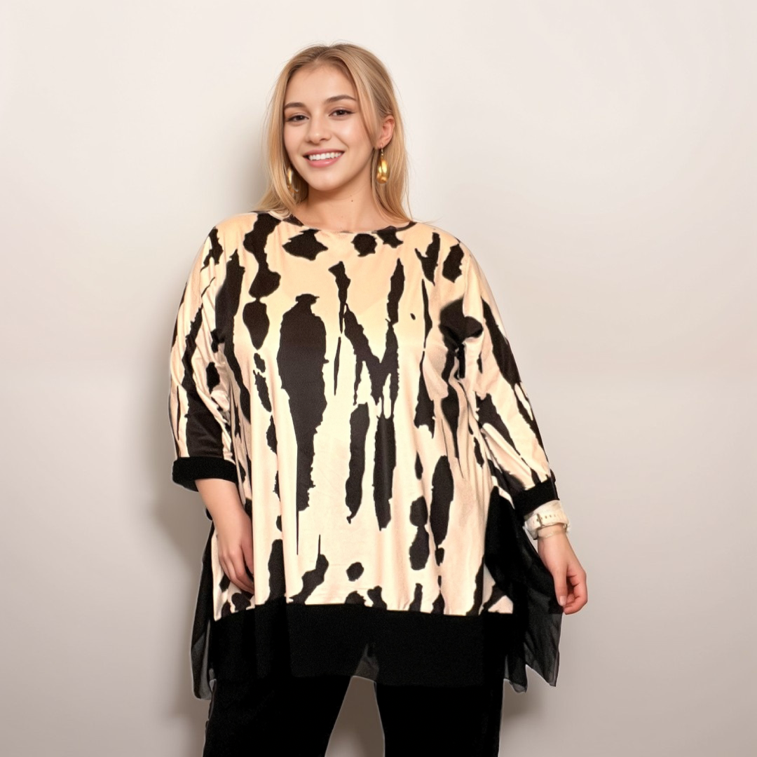 ROCKTHOSECURVES SPLASH EFFECT 3/4 SLEEVE TOP WITH CHIFFON HANKY HEM