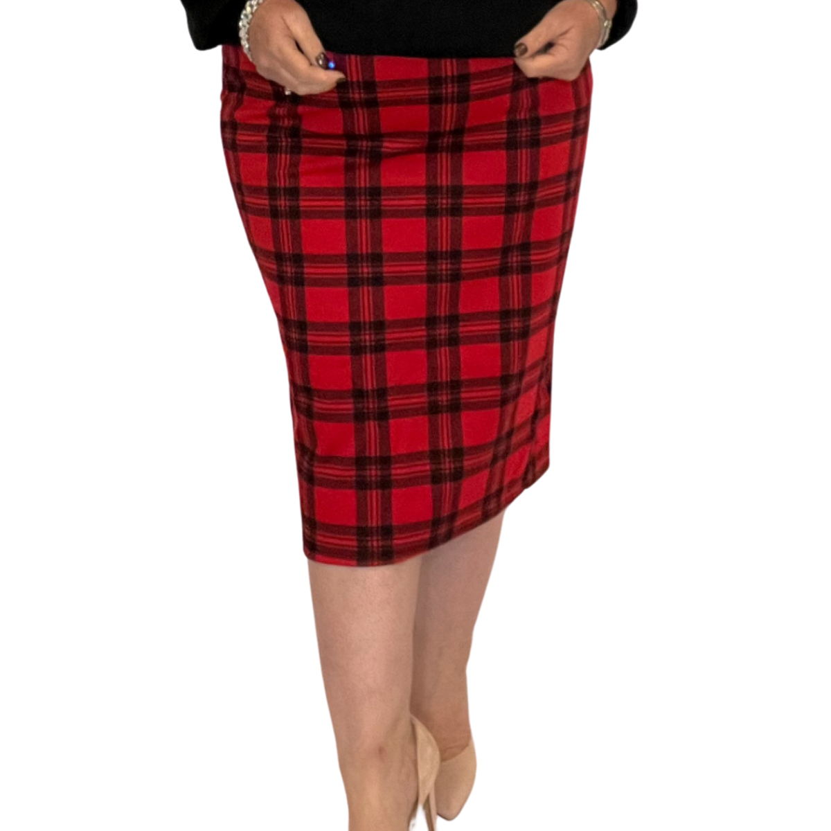 PLAIN ELASTIC WAIST FITTED PENCIL SKIRT