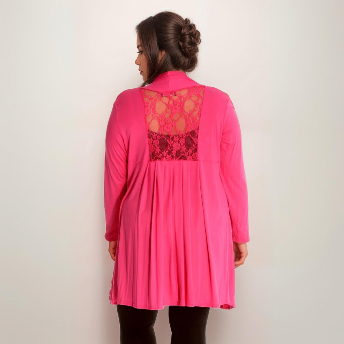 ROCKTHOSECURVES LONG LENGTH OPEN FRONT CARDIGAN WITH LACE PANEL TO BACK